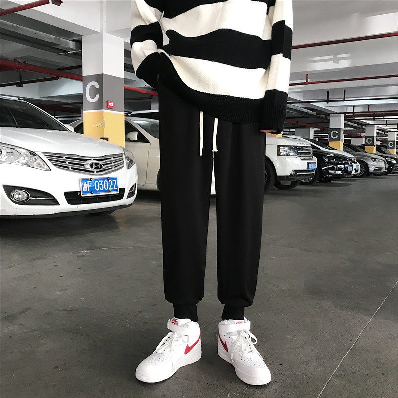 Trendy black beamline Rope Sports Pants Autumn winter bunches Casual Pants Korean version loose straight cylinder Pants Man