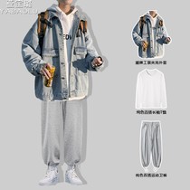 The Yuppie Handsome Tooling Denim Jacket Male Spring Autumn Season Korean version Trend casual mens set with a pair of handsome gas jacket suits