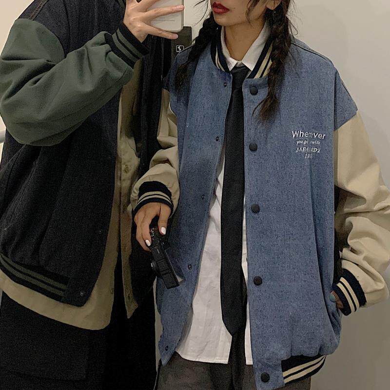 Spring Autumn Season Splicing Denim Baseball Suit Men And Women Handsome Jacket Jacket Student Couple Loose Retro Casual Blouse