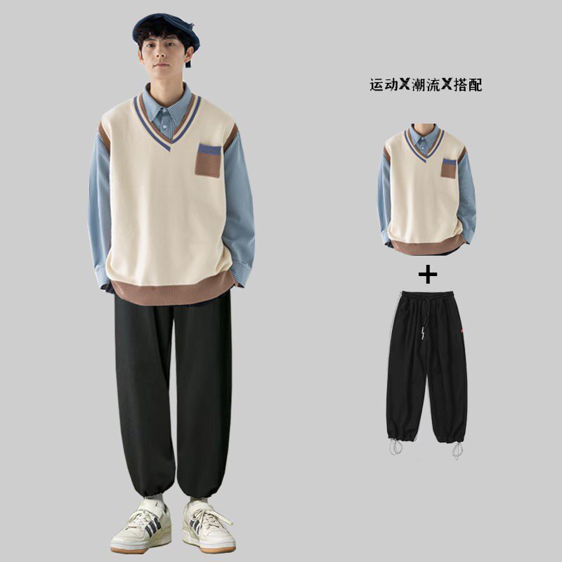 Port Wind Retro Autumn New Splicing Sweater Suit Men's Loose Korean Version Tide Lovers Needle Weaters Two Sets Tide