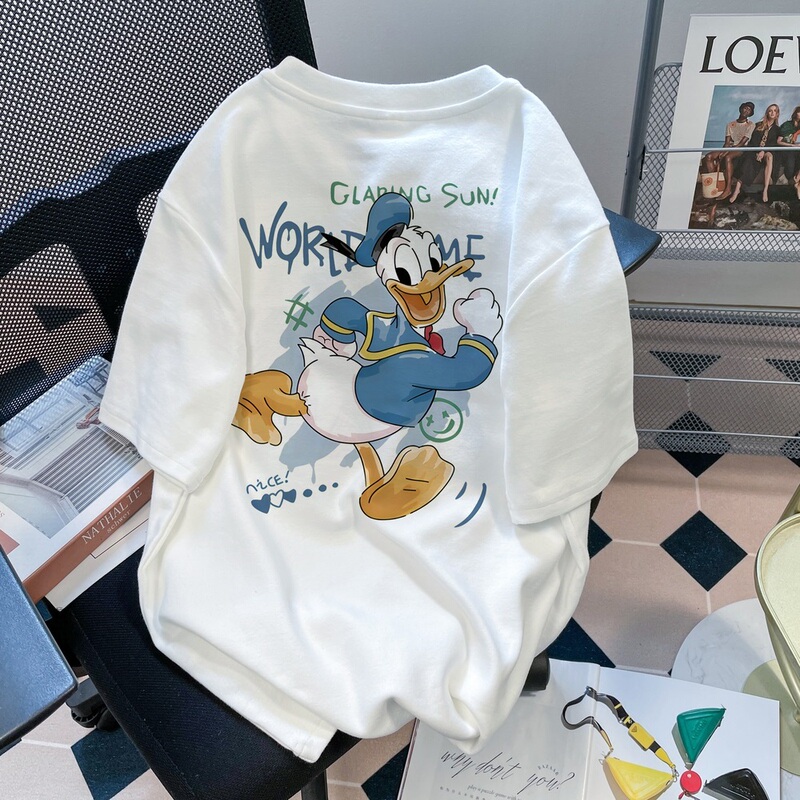 Extra Large Size 150kg Pure Cotton Unique and Chic Donald Duck Short-Sleeved T-Shirt for Women, Summer Korean Style Loose Half-Sleeve Top, Trendy