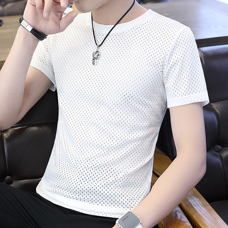 Hollow short-sleeved t-shirt men's summer ice silk slim round neck half-sleeved trend casual men's thin V-neck T-shirt trend
