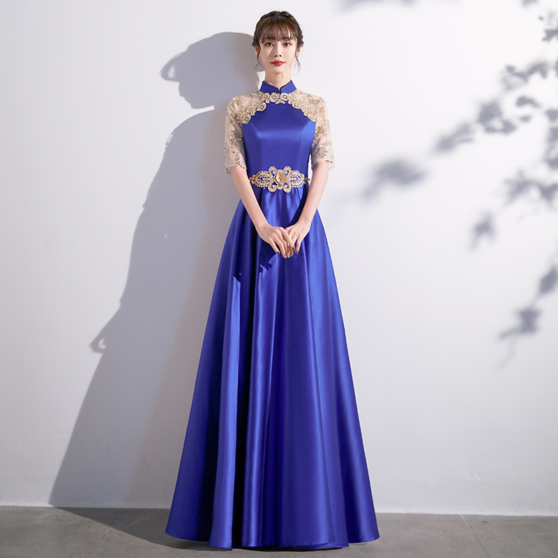 Chinese-Style Blue Choir Performance Dress for Women, Long Skirt, Elegant Conductor's Uniform, Host's Banquet Evening Dress, Long Style