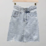 Летняя синяя джинсовая юбка, высокая талия, в корейском стиле, А-силуэт, свободный крой, с акцентом на бедрах