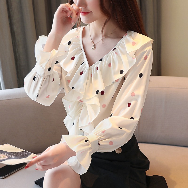 Snowspun Female Blouse 2021 New Spring Super Fairy Lotus Leaf Side Horn Cuff Loose V Collar Polo Point Long Sleeve Shirt