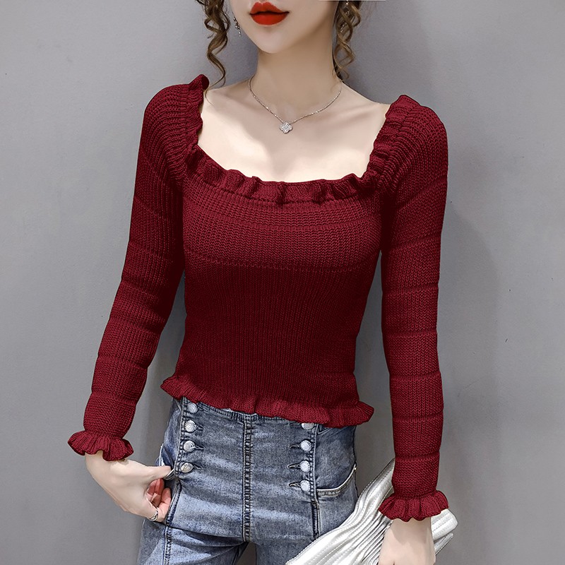2022 Spring Loaded Temperament Blouse Knit Undershirt Woman Spring Fall Short of Body Slim Agaric Side side neck Long sleeves T