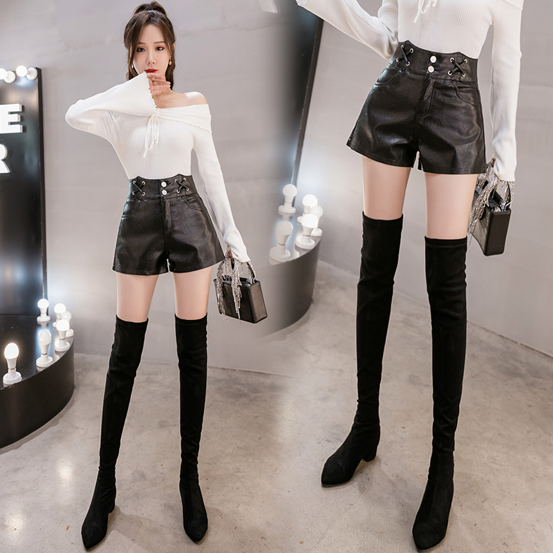 Loose high-waisted wide-leg A-line leather shorts women's 2022 autumn and winter new fashion Korean version is thin and versatile outer wear boots and pants