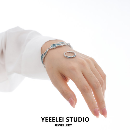 Yeeelei/Original Niche Design Ring, a Light Blue Open-Ended Index Finger Ring, Basic Style 925 Silver Ring