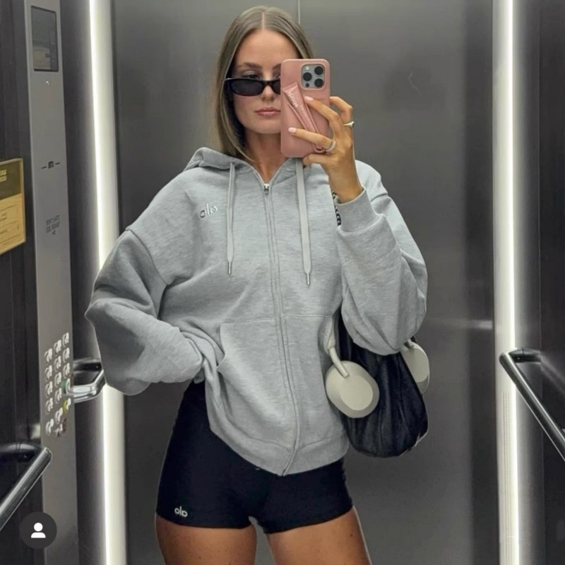 In-Stock Direct Shipping Alo Yoga Sports Fitness Yoga Fleece-Lined Hooded Loose Sweatshirt Zip-Up Jacket for Women