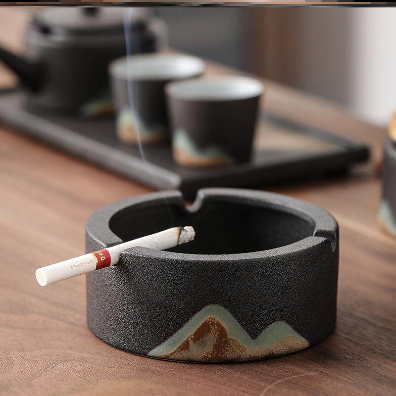 High-end ashtray New Chinese meditation Coarse Pottery Ashtray Japan Style Creativity Office Living Room Round Tea Table Hem