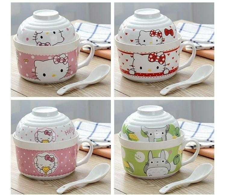 Children couples home meal bowl of Japanese noodles more glass ceramic creative lunch box bowl with the handle