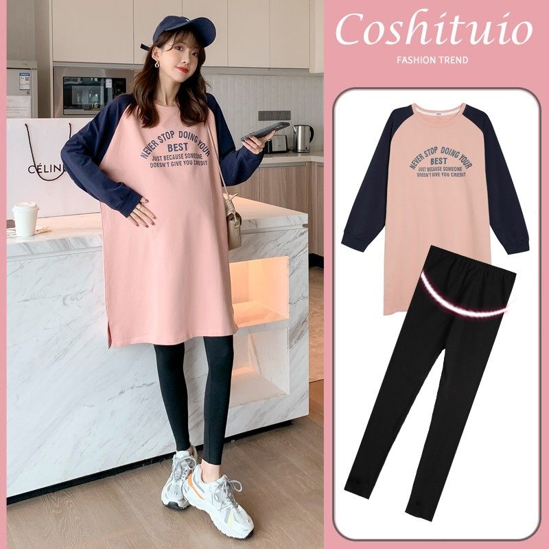 Pregnancy Woman Dress Fashion stylish style Autumn Clothing Pregnant with large size sleeves Head Long version thick cotton T skirt Yangtresses Red Tide suit