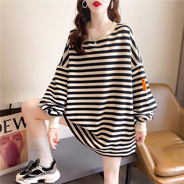 Pregnancy Woman Dress Spring Autumn Slim Sweatshirt Plus Fat Increase Yard Korean version Loose Blouse Striped medium Long version Long sleeves T-shirt 200 catty