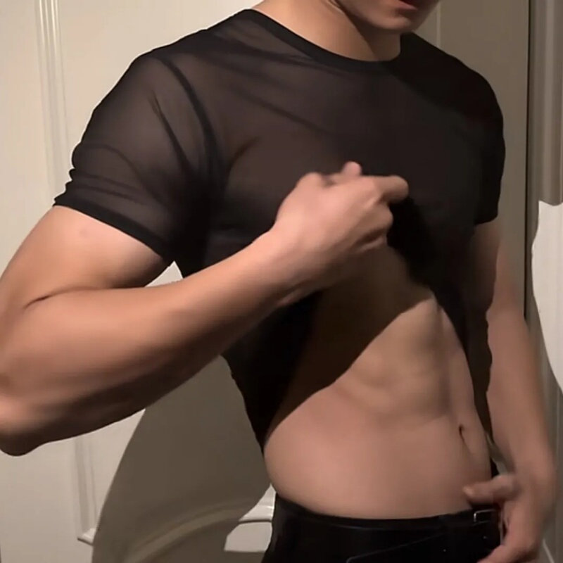 Tiktok-Style Sexy See-Through Round-Neck Men's Summer Mesh Short-Sleeve Breathable Sports T-Shirt Top