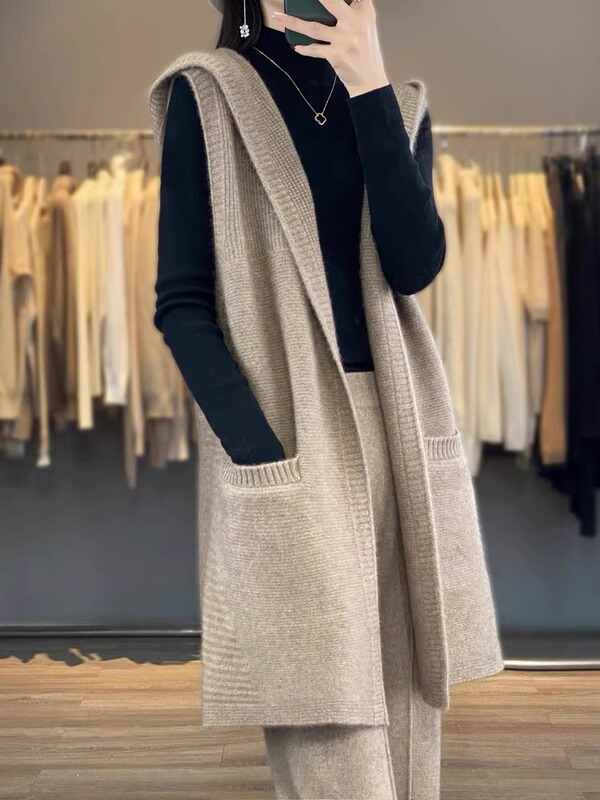 New Autumn and Winter Hooded Cashmere Vest for Women, Mid-Length Hoodie with Pockets, Sweater Coat, Woolen Shirt, Sleeveless Knit Cardigan New Autumn and Winter Hooded Cashmere Vest for Women, Mid-Length Hoodie with Pockets, Sweater Coat, Woolen Shirt, Sleeveless Knit Cardigan