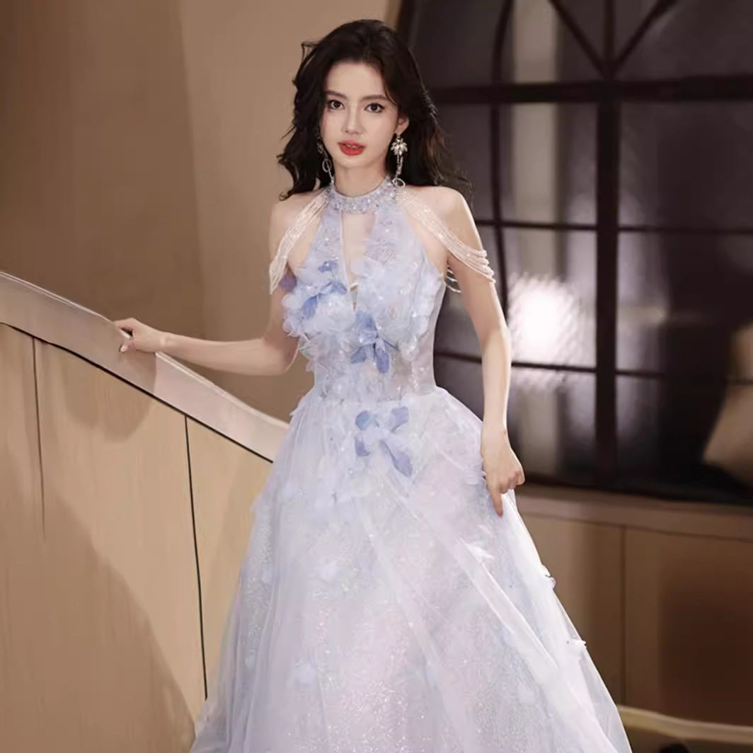 High-end designer婚纱晚礼服女轻奢小众高端蓝色毕业高中绝美蓬-Taobao
