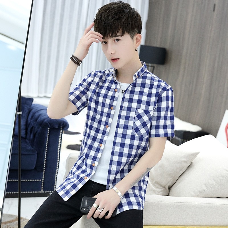 Official flagship store Fall men's new plaid shirts turn over short sleeve shirts grey Korean version to take up the trend Hugh