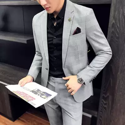Men's suit two-piece Korean casual plaid small suit men's jacket business dress groom wedding dress tide