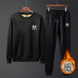 秋冬季加绒连帽卫衣运动套装男士两件套