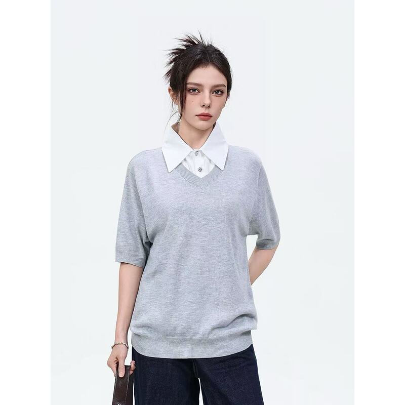 Endrites'Starburst' Faux Two-Piece V-Neck Polo Wool Blend Short-Sleeve Shirt with a Classic and Elegant Vibe Endrites'Starburst' Faux Two-Piece V-Neck Polo Wool Blend Short-Sleeve Shirt with a Classic and Elegant Vibe
