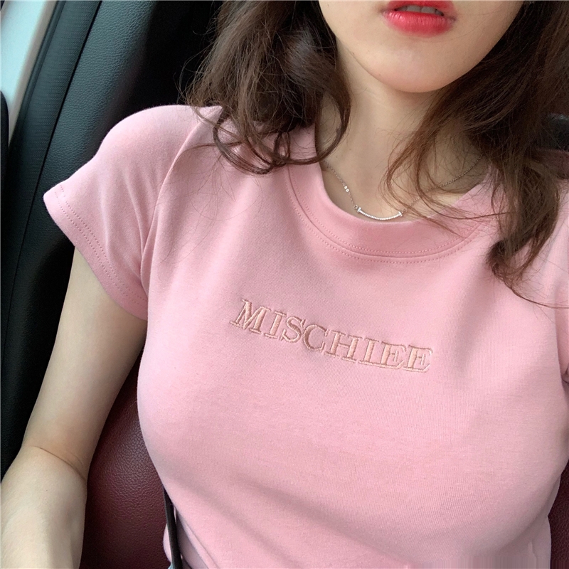 Mùa xuân / hè của Hàn Quốc phiên bản mới của bức thư lông Shimane cổ điển ngắn tay T-shirt ròng ins đỏ thân kiểu thân áo ẩm thủy triều