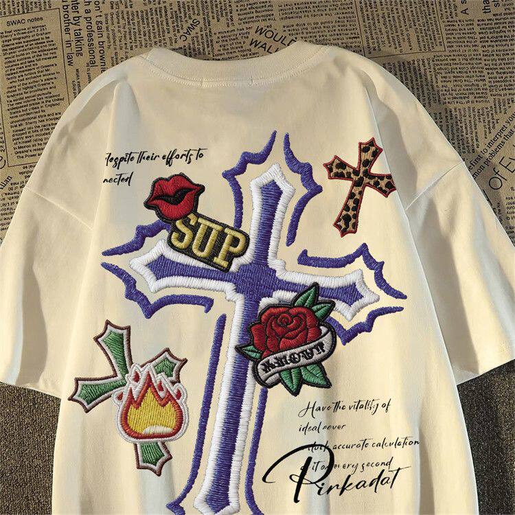 NASAコラボレーション 100%コットン半袖Tシャツ、刺繍プリントとクロスデザイン、サマースタイル、トレンディな学生向け/スタイリッシュなハイストリート