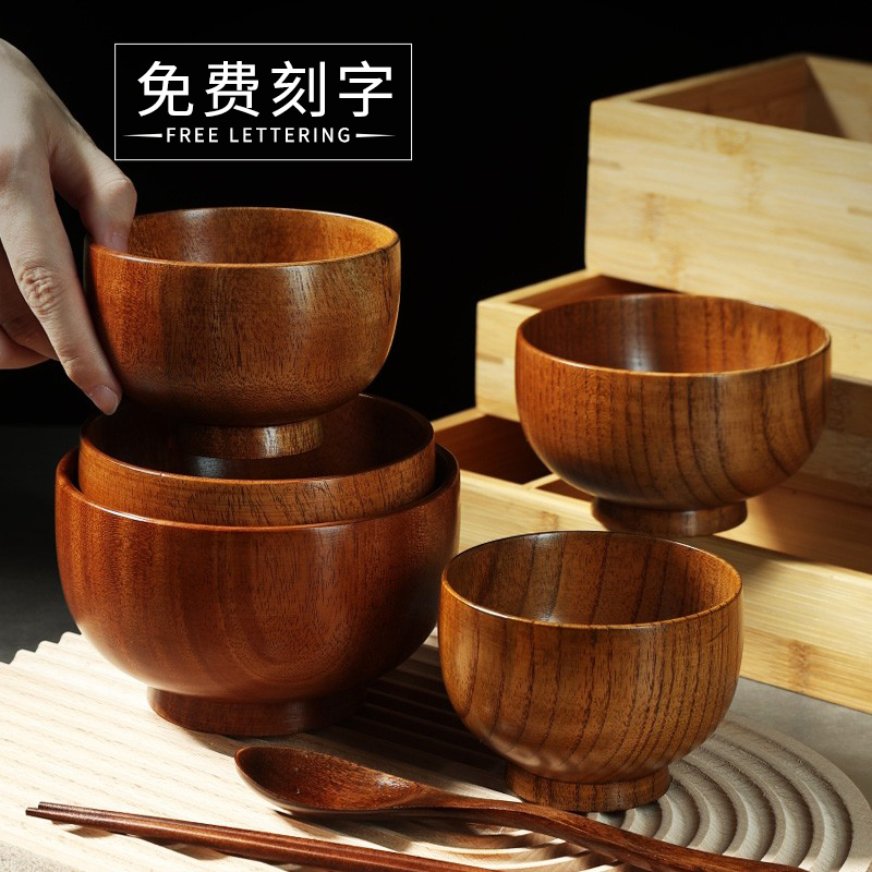 Solid Wood Bowl for Adults, Household Use, Children, Baby, Japanese-Style Bowl, Handmade Set, Tableware, Lacquer, Retro, Large, Thickened Rice Bowl Solid Wood Bowl for Adults, Household Use, Children, Baby, Japanese-Style Bowl, Handmade Set, Tableware, Lacquer, Retro, Large, Thickened Rice Bowl