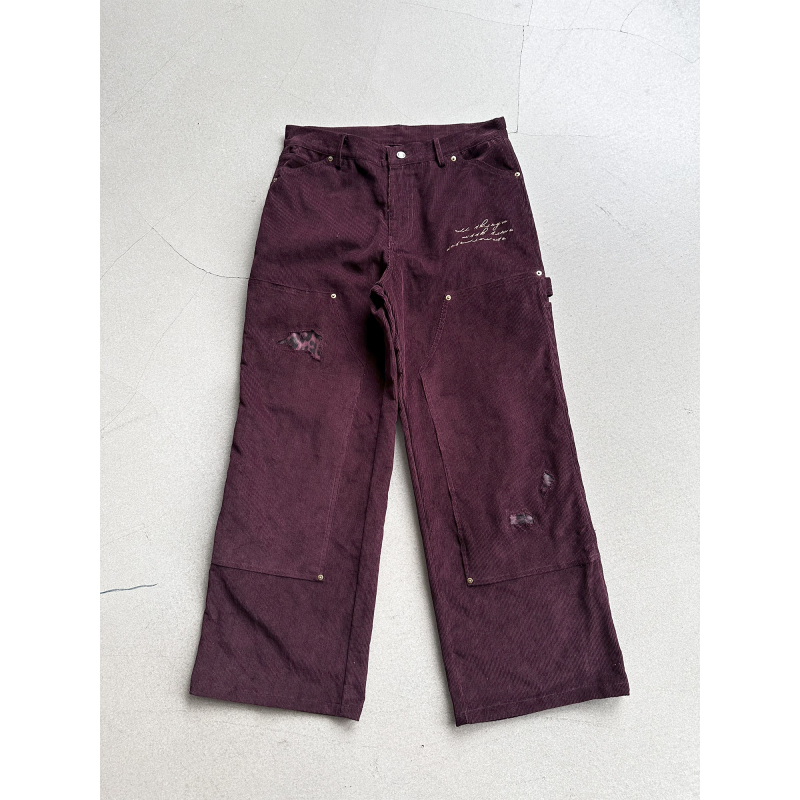 Essornovus "Emblem" Embroidered Burgundy Leopard Print Patch Corduroy B01 Work Pants Double-Knee Lumberjack Pants