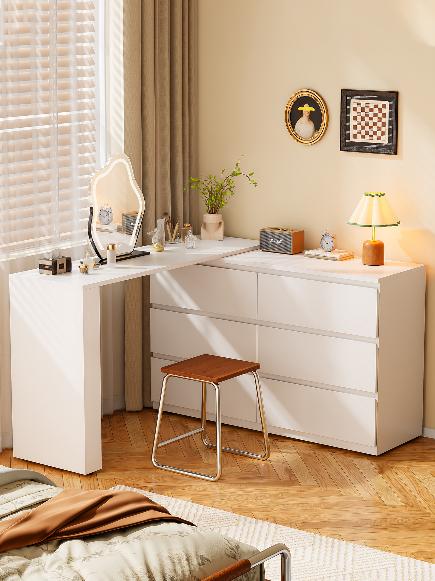 Bolimei Dresser and Vanity Integrated Cabinet, Bedroom Dressing Table, Corner Desk, Steel Wrought Iron Malme Five-Drawer Cabinet