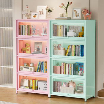 Polimei Colored Steel Bookcase with Doors, Glass Display Cabinet, Children's Dust-Proof Bookshelf, Wrought Iron Storage Rack, Metal Cabinet