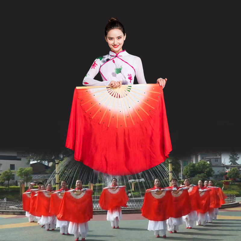 扇子舞蹈扇长飘真丝双面渐变大红色广场舞成人胶州秧歌万疆舞蹈扇