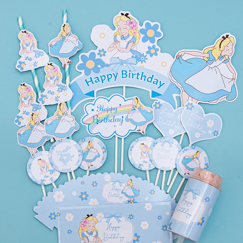 Blue Alice Cartoon Theme Birthday 100-Day Celebration Dessert Table Cake Decoration Toppers and Border Stickers Blue Alice Cartoon Theme Birthday 100-Day Celebration Dessert Table Cake Decoration Toppers and Border Stickers