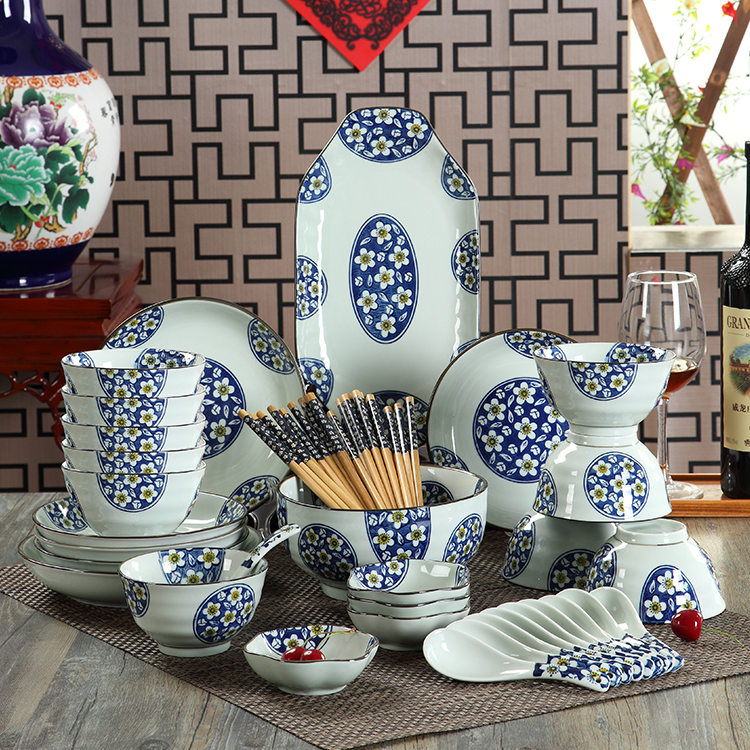 The dishes suit household under The glaze color ceramics dinner set of Chinese blue and white bowl chopsticks bowl of Japanese composite plate