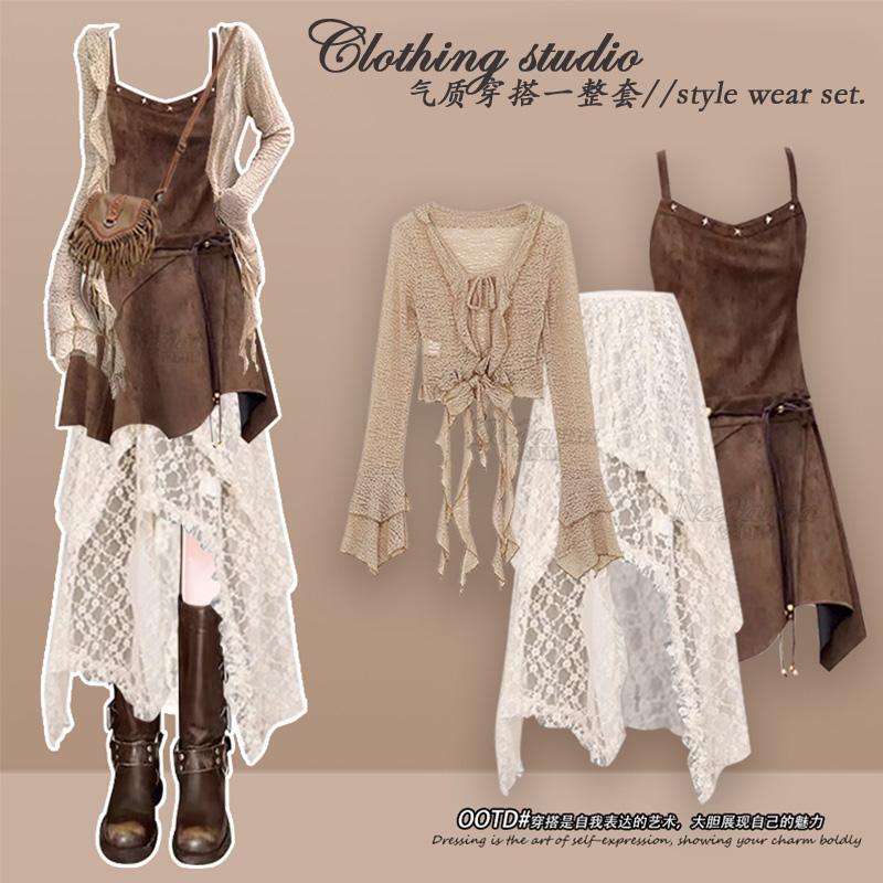 Plus-Size Summer Wasteland Style Suit for Women, Designer Retro Cardigan, Bohemian Dress, Lace Skirt Three-Piece Set