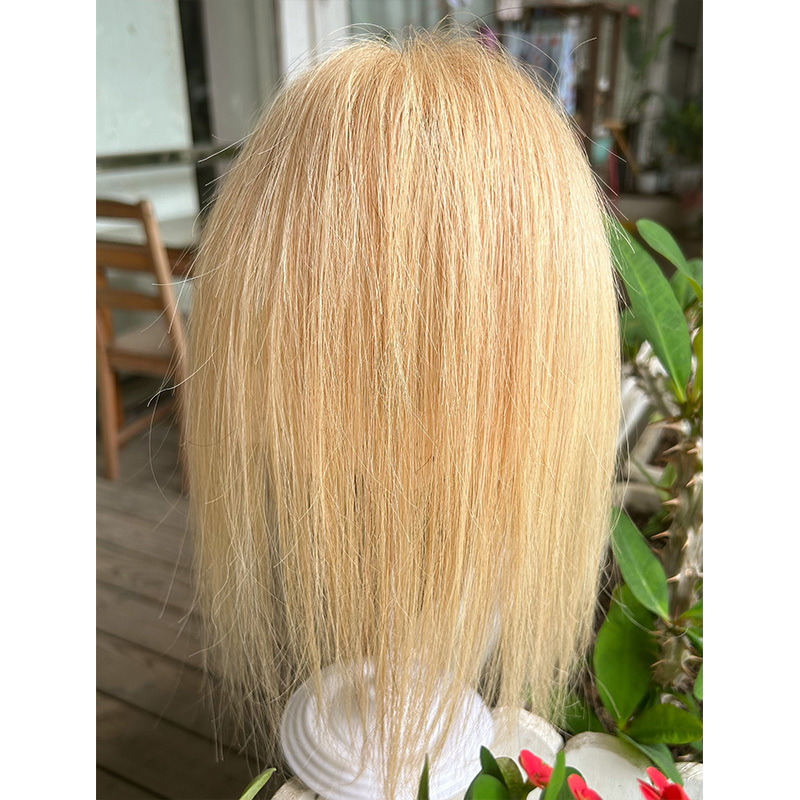 8.5 Degree Full Human Hair Bleached Hair Color Platinum Gia Bangs Wig Piece Pudding Head Milk Tea Gold
