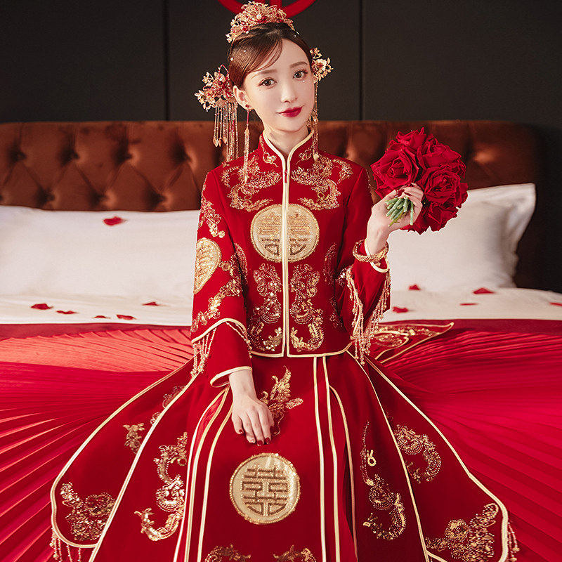 Heavy work velvet show and bridal gown 2022 New wedding gown Chinese wedding dress toast with high end female show and