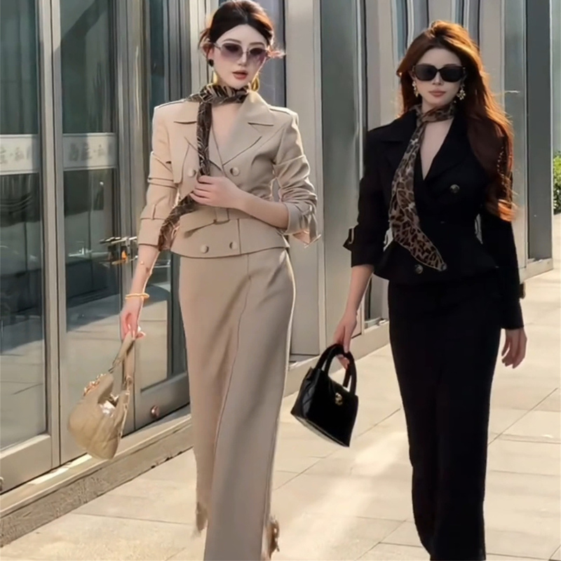 2025 Autumn New Workwear Style Fashion Two-Piece Suit Double-Breasted Long-Sleeve Short Jacket High-Waisted Slimming Skirt
