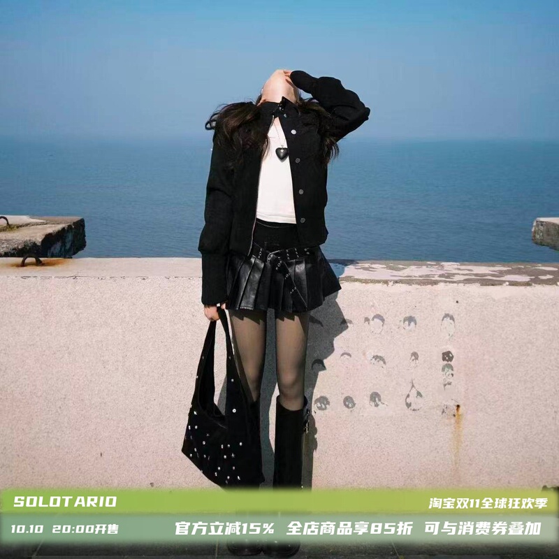 Solotario Original Waist-Cinching Stand-Up Collar Design Jacket for Women, New Spring Black Suede Texture Short Coat Solotario Original Waist-Cinching Stand-Up Collar Design Jacket for Women, New Spring Black Suede Texture Short Coat