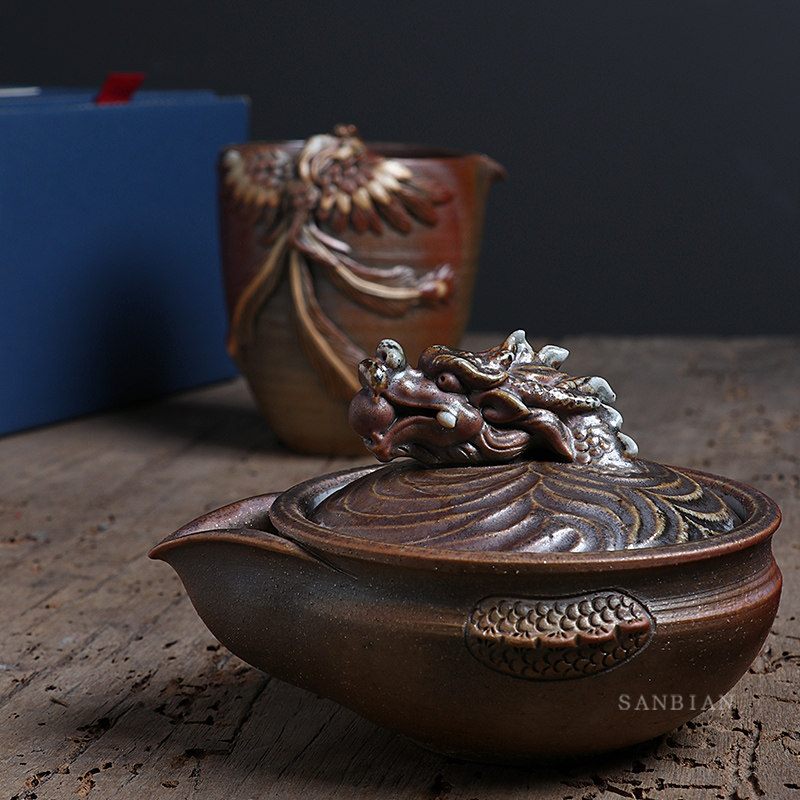 Three times wood-fired Xianglong Treasure bottle pot Handmade teapot Coarse pottery hand-caught pot cover bowl Hand-carved Phoenix fair cup
