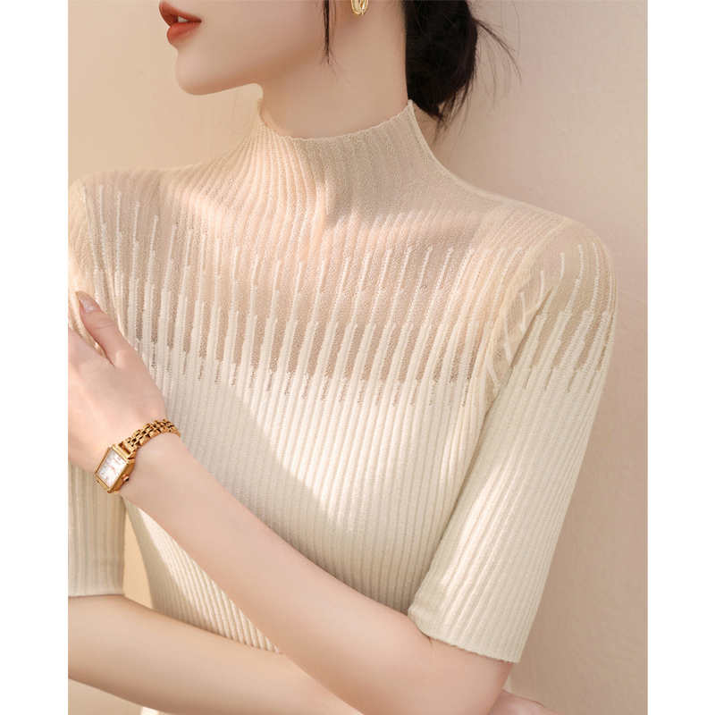 Autumn 2026 New Lace Mesh Knit Base Shirt Sweater for Women, French High-End Half-High Collar Five-Quarter Sleeve Top