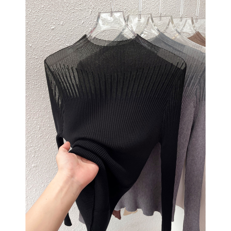 Half Turtleneck Lace Mesh Long-Sleeved Wool Knitwear for Women Autumn and Winter 2025 New High-End Black Slim-Fitting Bottoming Shirt