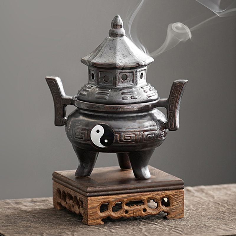 銅器 太上老君錬丹炉 三足鼎 供養塔薫炉 太上老君炼丹炉禅意太极八卦盘香炉家用室内香薰陶瓷熏香创意摆件