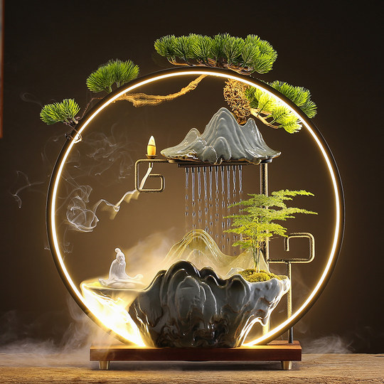 Water Fountain for Wealth, Creative Chinese-Style Circulating Ceramic Fortune-Attracting Ornament for Living Room, Office Desk, Opening Ceremony Gift