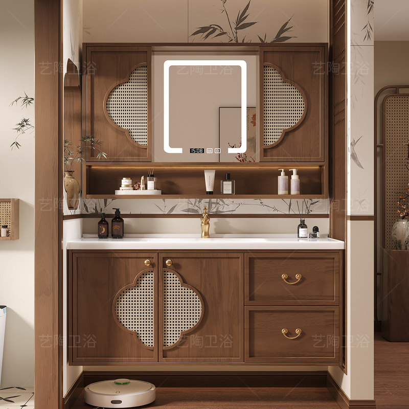 Song-Style Aesthetic Sliding Door Rubber Wood Bathroom Cabinet Set with Integrated Ceramic Basin for Bathroom Washing and Grooming Song-Style Aesthetic Sliding Door Rubber Wood Bathroom Cabinet Set with Integrated Ceramic Basin for Bathroom Washing and Grooming