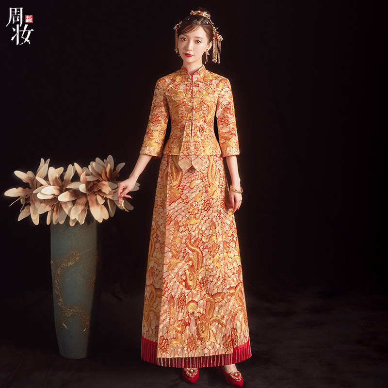 Heavy Industry Xiuhe clothing 2022 new wedding dragon and phoenix hanging bride Chinese wedding dress Phoenix crown Xia robe yellow out of the court dress female