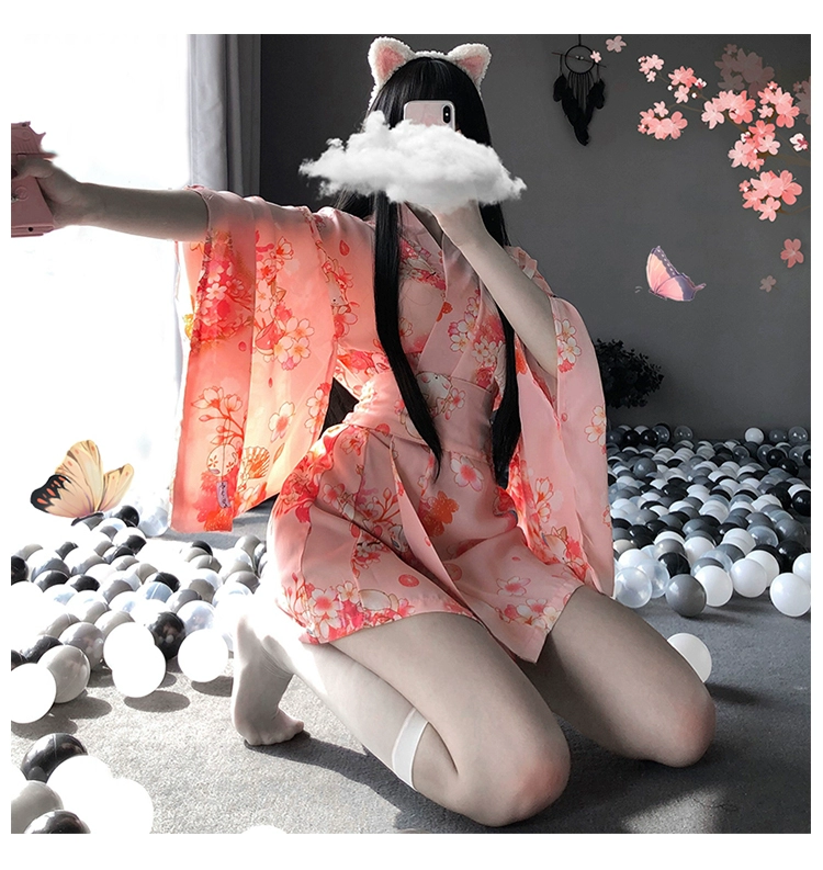 Ảnh cô gái kimono phong cách đồ ngủ vui vẻ phong cách mùa hè váy ngủ nữ hoa anh đào voan giường ngủ sexy dịch vụ tại nhà - Night Robe