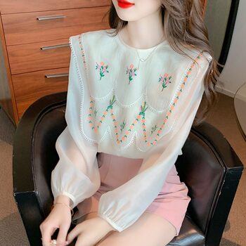 Korean chic French temperament layered wave doll collar flower embroidery shawl design loose long-sleeved shirt women