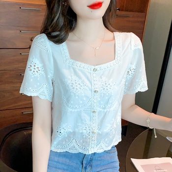 Lace Chiffon Shirt Short Sleeve Women's 2022 New Summer Top Clothes Short High Waist T-Shirt Square Collar White Cotton Shirt