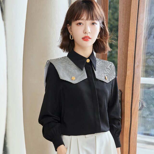 Shirt women's stand-up collar houndstooth professional temperament design sense niche fashion Western style retro Hong Kong flavor high-end top