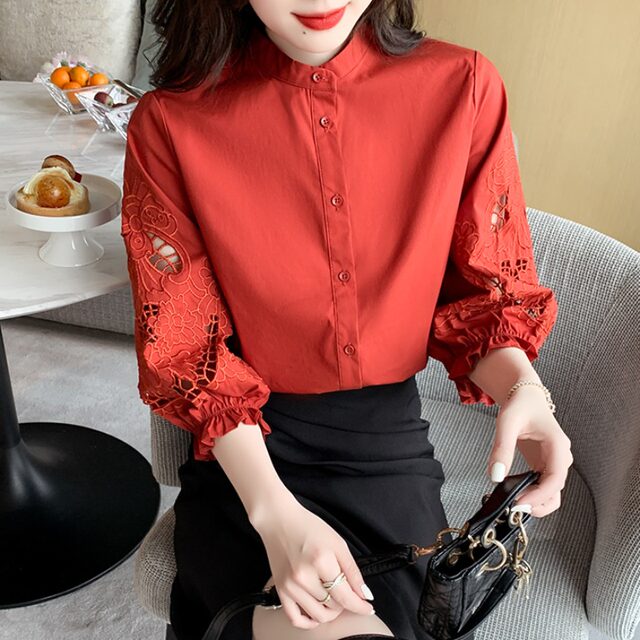 Red embroidered cotton women's shirt summer design niche 2022 new stand-up collar shirt three-quarter sleeve top